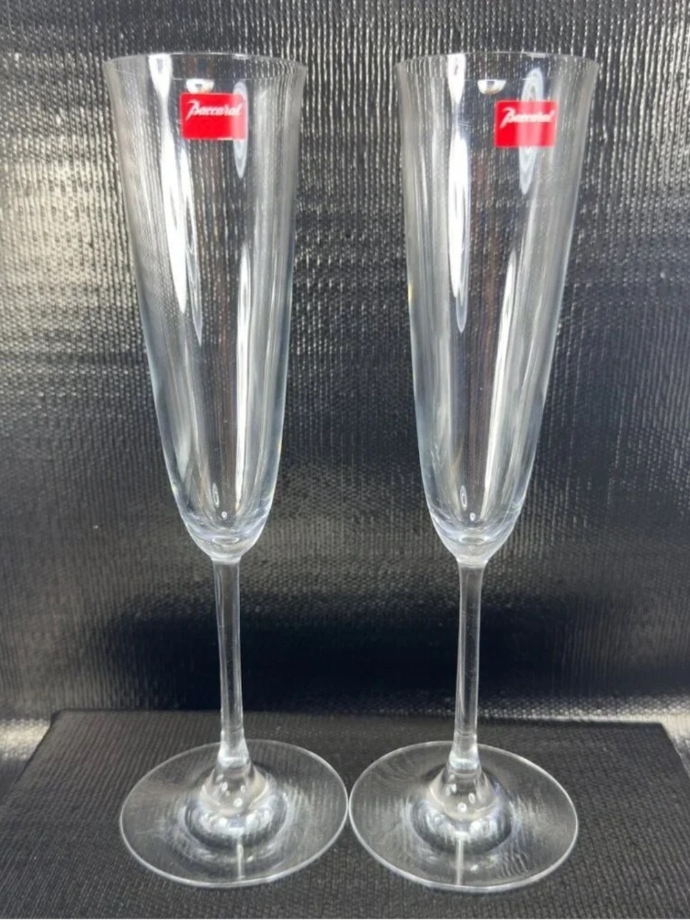 Baccarat Clear Crystal Champagne Flutes with Red Logo - Pair